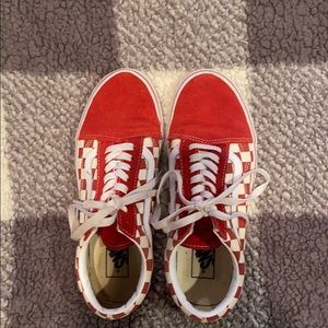 Red lace up checkered vans
